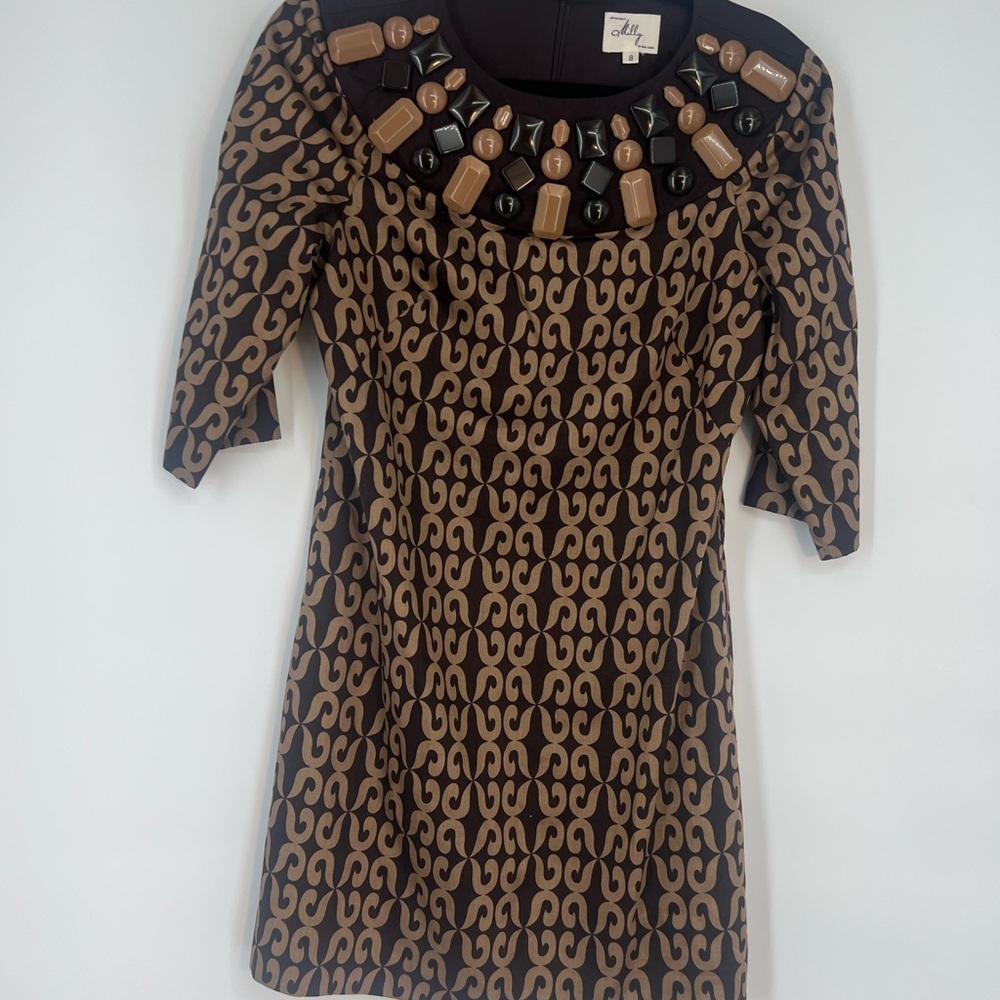 Milly of New York Brown Silk Trim Embellished Neck Dress Sz 8 Statement - Picture 2 of 16